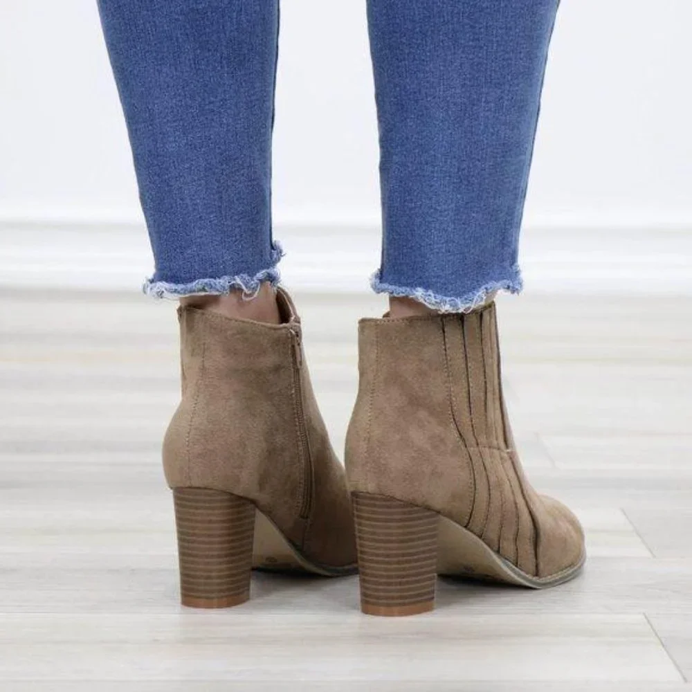 Faux Suede Bock Heel Ankle Bootie - Picture 8 of 13